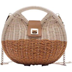 Handwoven Rattan Shoulder Bag with Metal Chain: Stylish Beach Essential